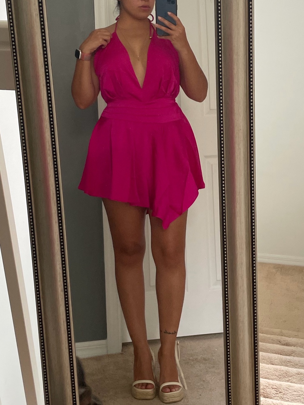 Halter V-Neck Mini Dress in Fuchsia